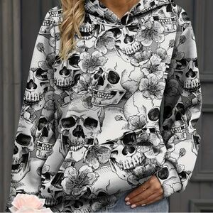 Skull Print Hoodie, Sweatshirt - Black and White, Goth